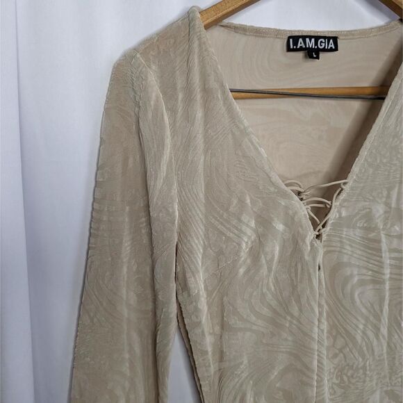 I.am.gia Amina Dress Asymmetrical Plunge Neck Tan Size L - Picture 3 of 7